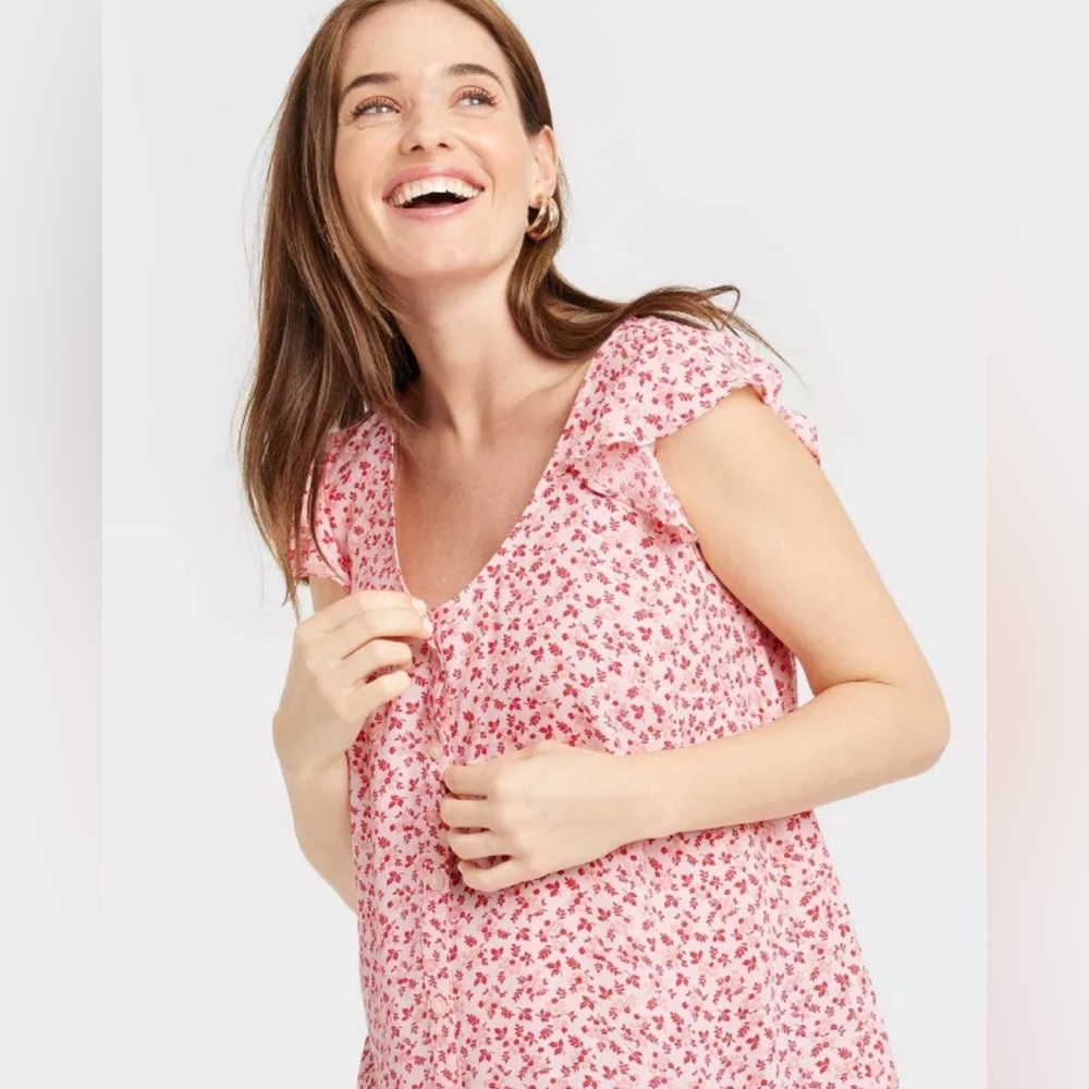 The Nines by HATCH Pink Floral Ruffle Sleeve Blouse